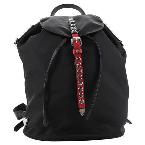 prada vela backpack silver studded red saffiano leather red|Prada vela bag.